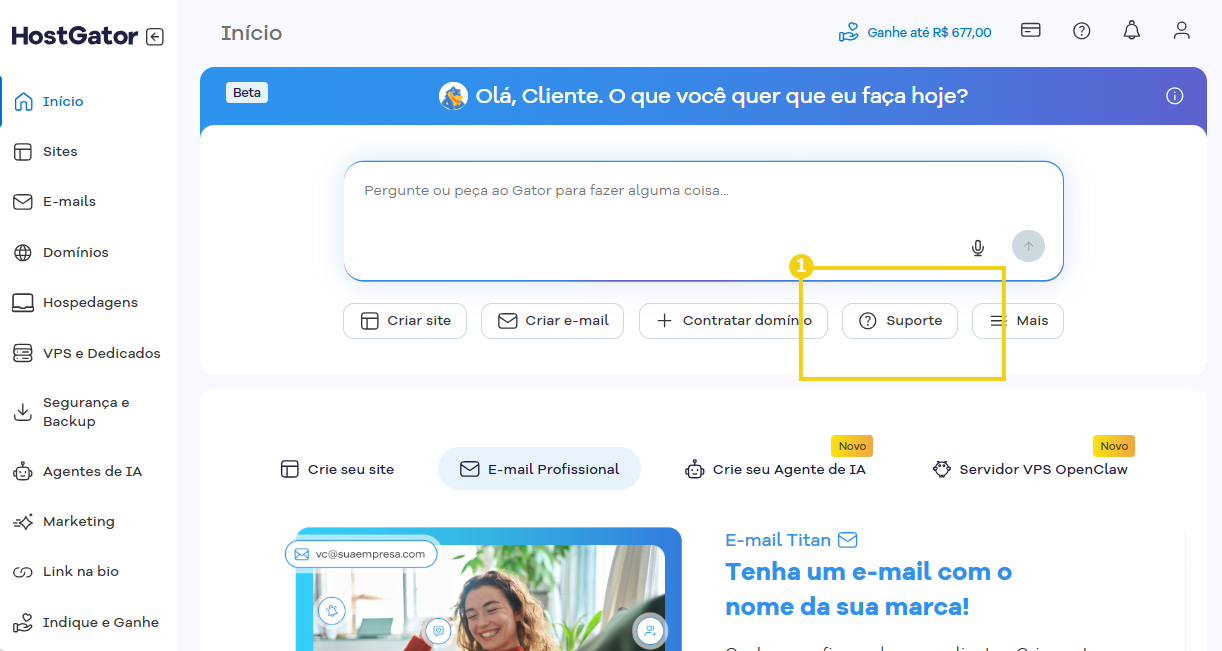 Imagem mostra a tela do Portal do Cliente com a marcação no botão "suporte"