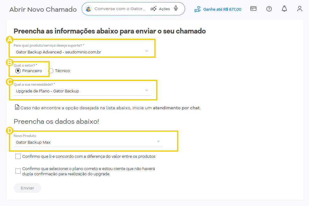 Imagem mostra a tela do Portal do Cliente e a tela de abertura de chamado com os campos que devem ser preenchidos
