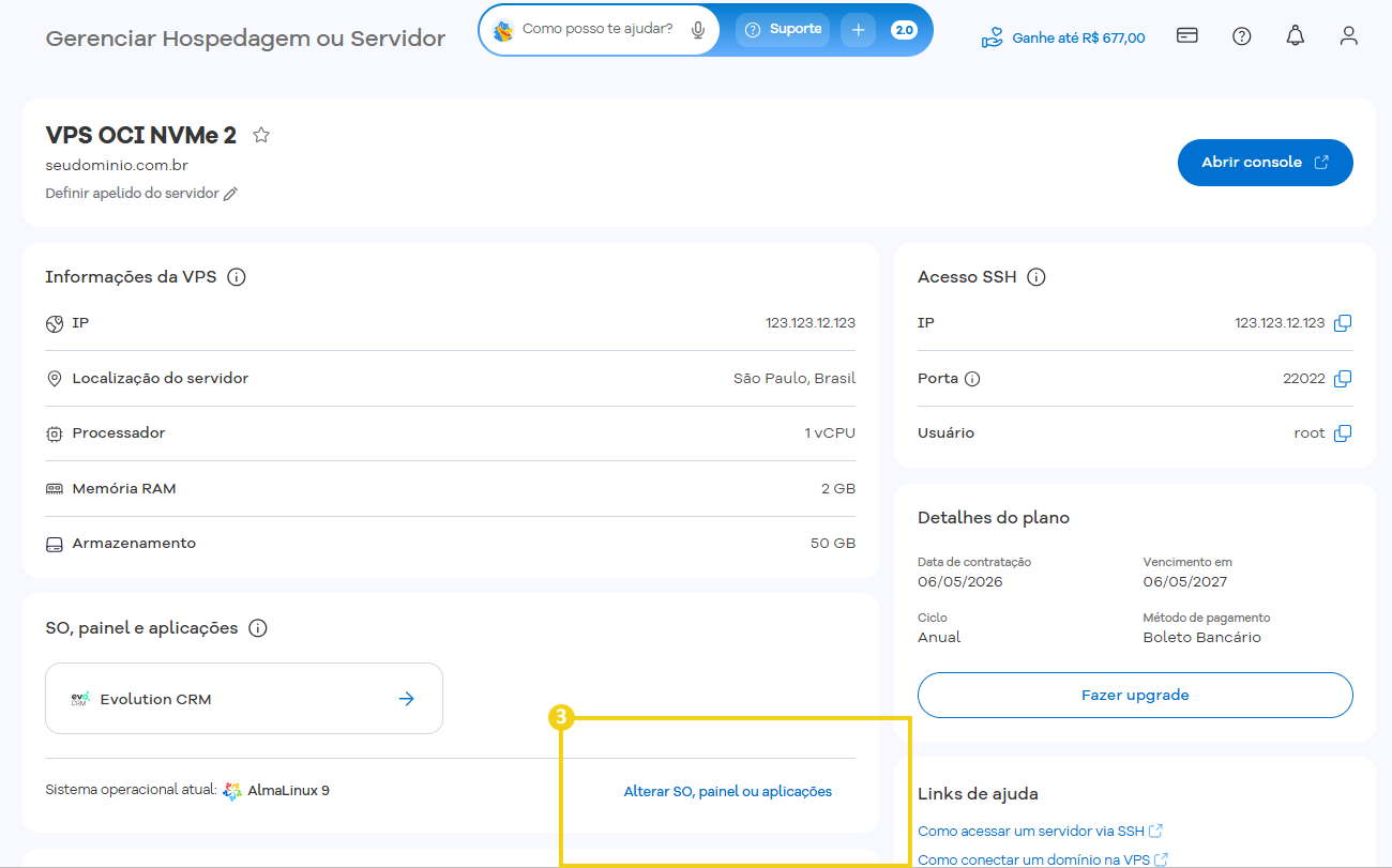 Imagem do Portal do Cliente da área de gerenciamento da VPS com marcação no botão "Alterar SO, painel ou aplicações