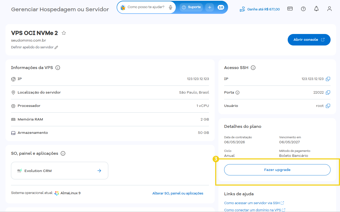 Imagem mostra a tela de gerenciamento do plano VPS e na seção "Detalhes do plano", o botão "Fazer upgrade", que deve ser clicado para acessar essa área