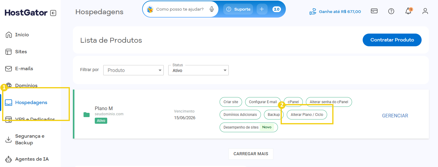 Tutorial passo a passo de como alterar o plano do serviço de hospedagem no cPanel do HostGator, incluindo acessar configurações e opções de ciclo de faturamento