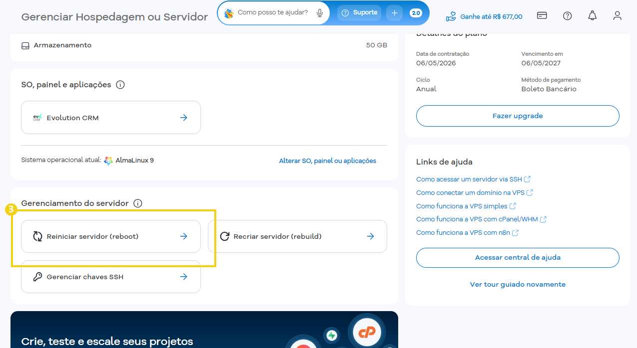 Tela de gerenciamento no  painel de controle HostGator, mostrando configurações como IP atribuído, localidade do servidor, processador, memória ram, mas com destaque no botão de reiniciar