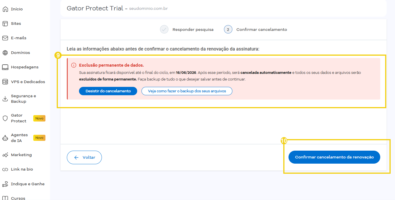 Imagem de uma tela de confirmação de cancelamento de assinatura na plataforma HostGator, com foco no botão "Confirmar Cancelamento da Renovação" em destaque.