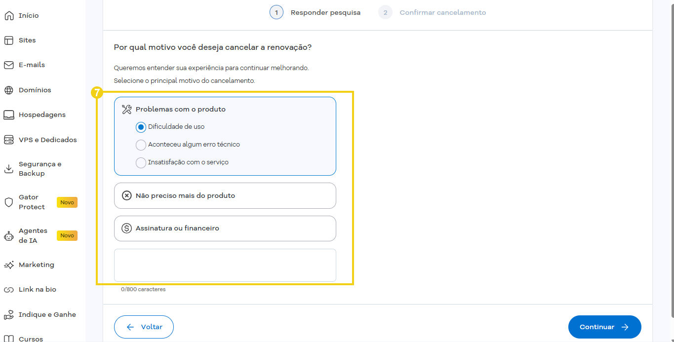Tela de cancelamento de assinatura no painel do HostGator com opções de motivos para não renovar, como cobrança duplicada, fim do projeto ou empresa, e outros motivos.