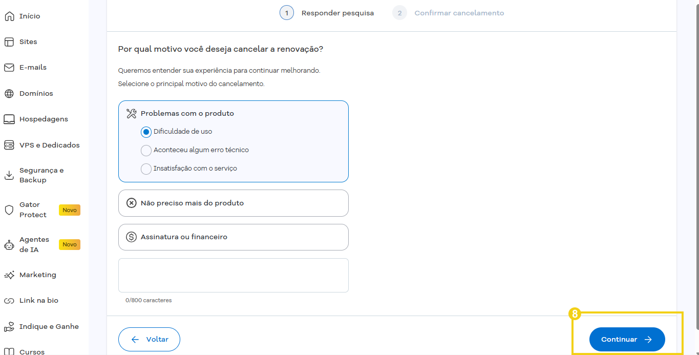 Tela de plataforma de email mostrando opções de cancelamento de assinatura no HostGator