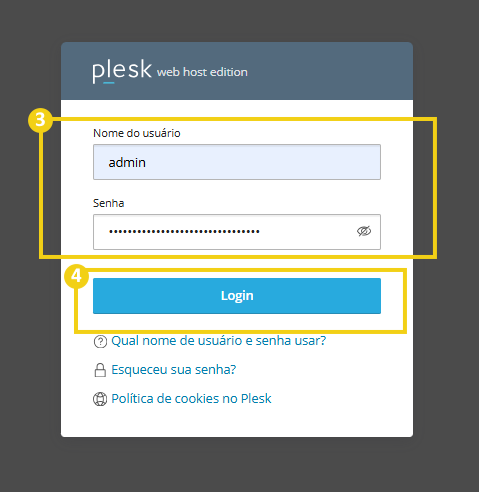Imagem mostra a tela de login do Plesk, que deve ser informado o nome do usuário e senha e depois clicar no botão "Login"
