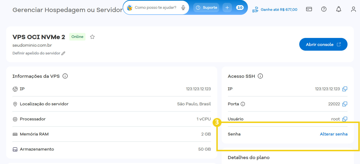 Imagem do Portal do Cliente HostGator, destacando opção "Senha" 