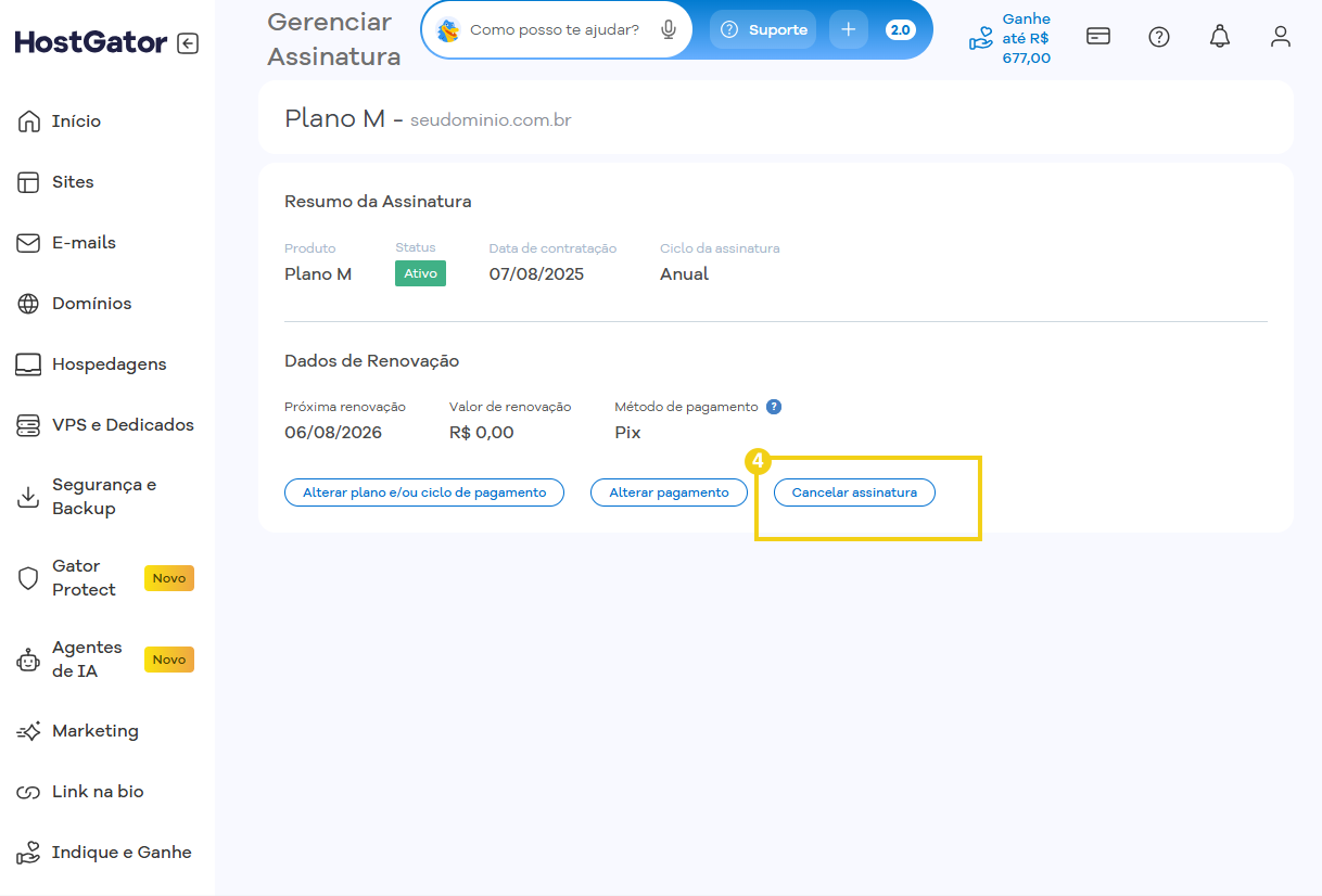 : Tela do painel de gerenciamento de assinatura no HostGator mostrando opções de alterar pagamento e cancelar assinatura