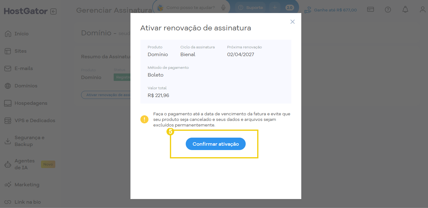 Tela do Portal do cliente, com destaque a opção "ativar renovação"