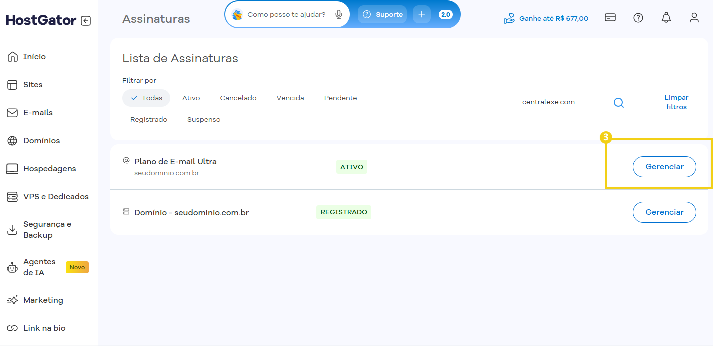 Tela de gerenciamento de assinaturas no HostGator com diversas opções ativas e o destaque para a assinatura do plano de email Essential.