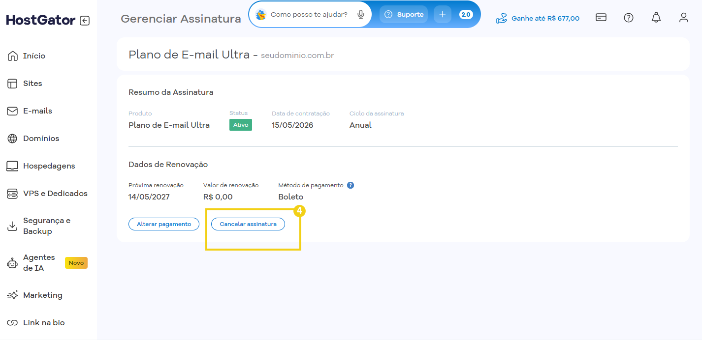 Tela de gerenciamento de assinatura no painel do HostGator com destaque para a opção de cancelar assinatura de plano de e-mail
