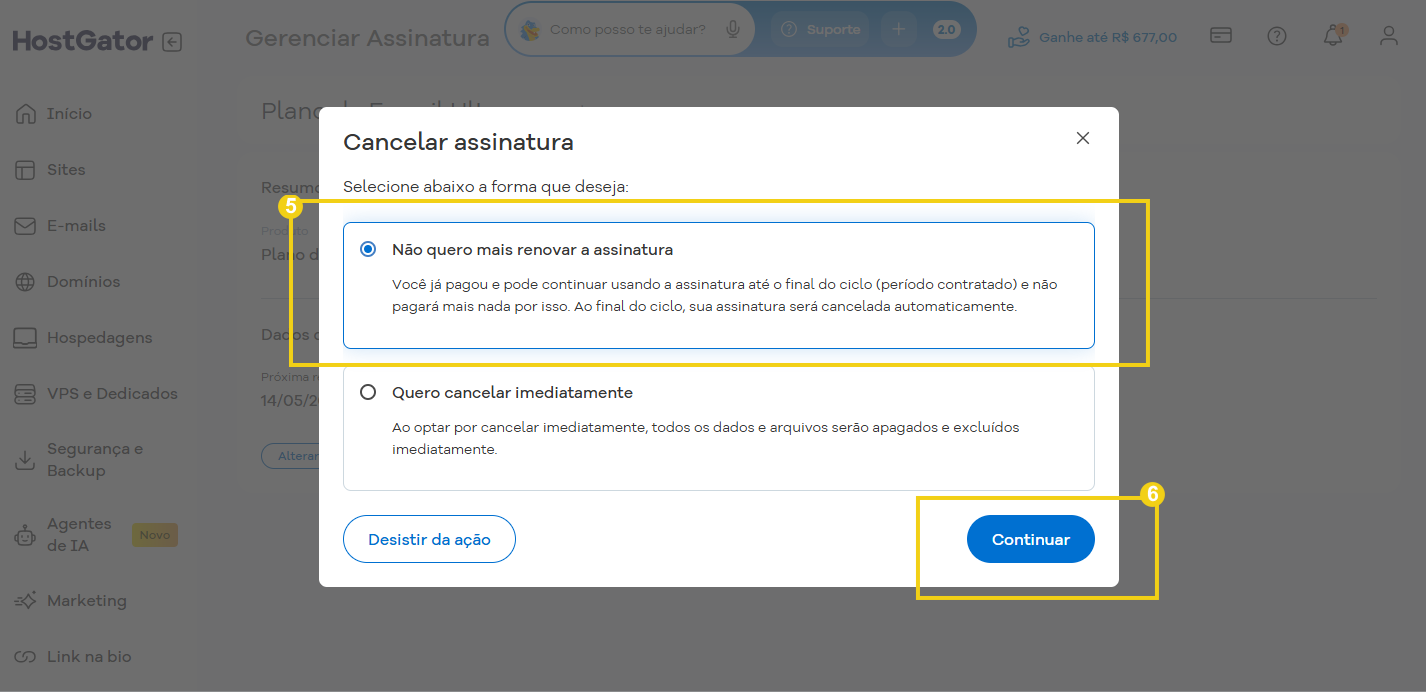 Imagem ilustrativa de cancelamento de assinatura do serviço de gerenciamento de assinatura, com opções para renovar ou cancelar imediatamente