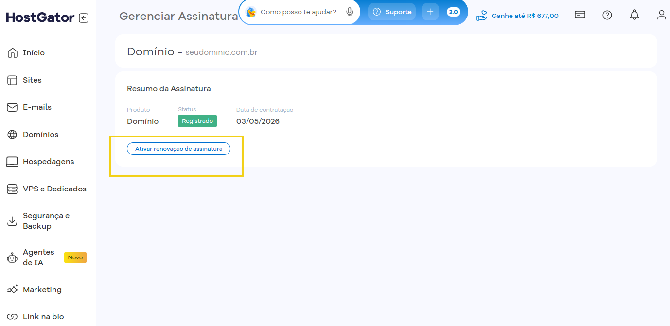 Imagem de uma tela de ativação de renovação de assinatura no sistema HostGator, com destaque para o botão 'Confirmar ativação'.