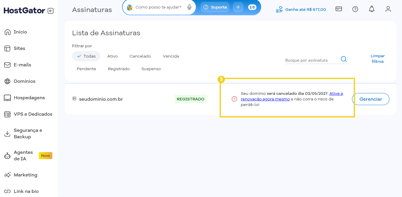 Tela do painel do HostGator mostrando a lista de assinaturas de e-mail, com destaque para a mensagem de aviso sobre o cancelamento de assinatura.
