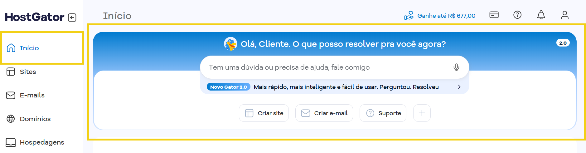 Imagem mostra a tela inicial do Portal do Cliente com a marcação na área do Gator