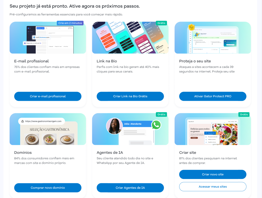 Imagem mostra a tela inicial do Portal do Cliente com a seção "Seu projeto já está pronto. Ative agora os próximos passos""