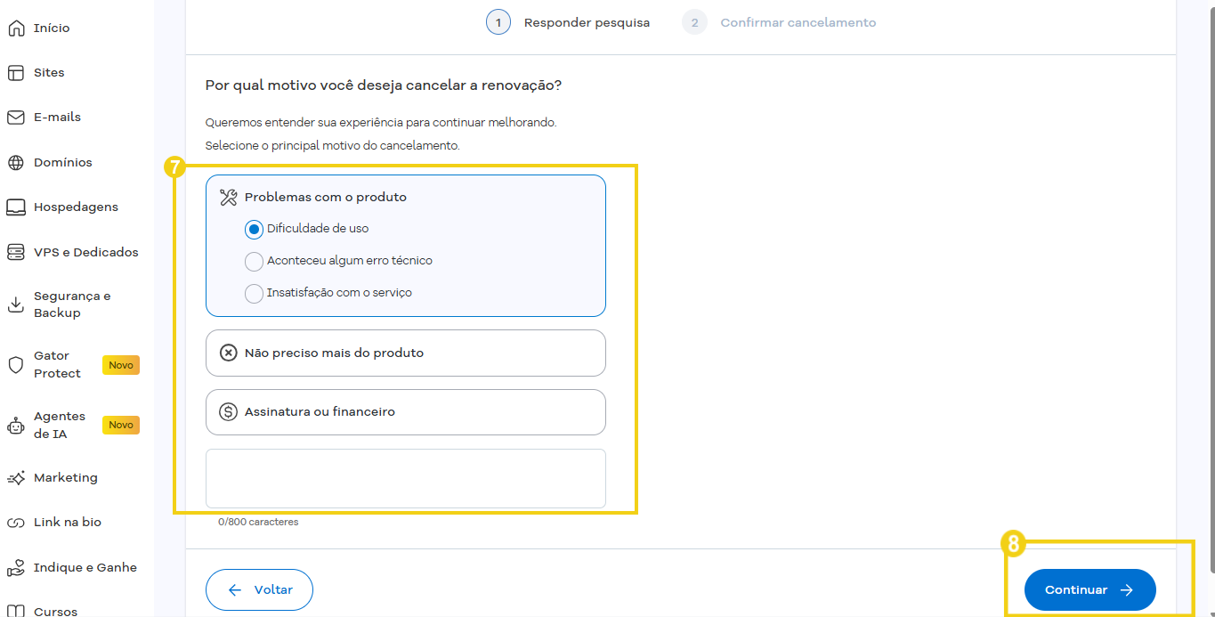 Tela do portal do cliente, com campo para descrever motivação de cancelamento e destaque ao botão 'continuar'