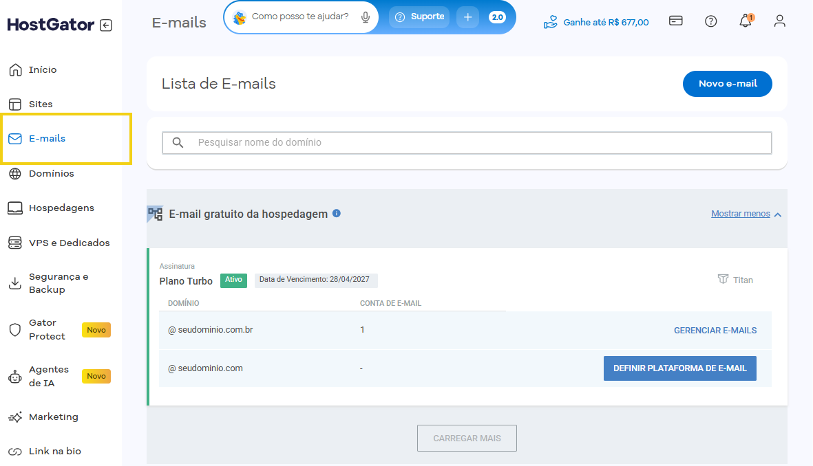 Imagem mostra a tela "E-mails" do Portal do Cliente