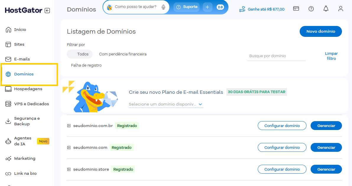 Imagem mostra a tela "Domínios" do Portal do Cliente