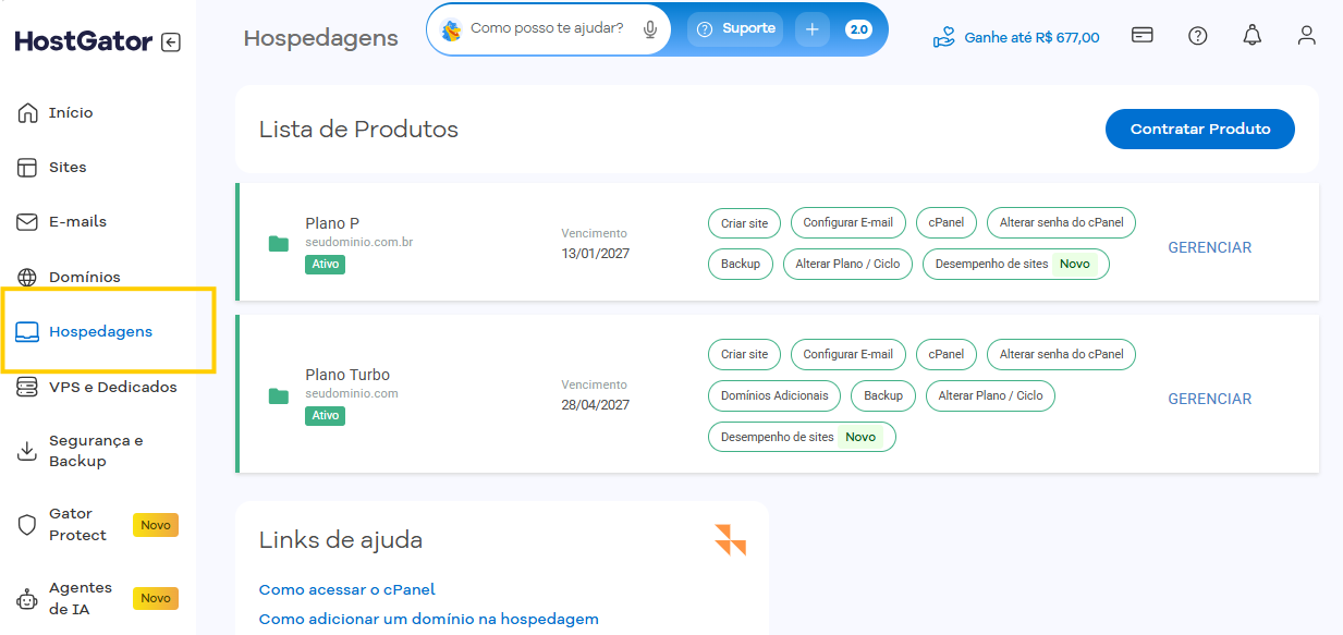 Imagem mostra a tela Hospedagens do Portal do Cliente