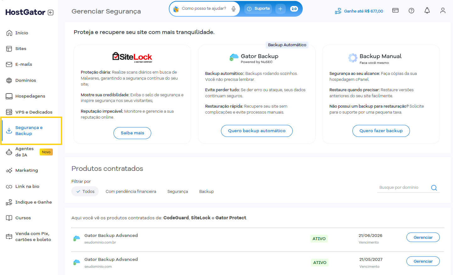 Imagem mostra a tela "Segurança e Backup" do Portal do Cliente