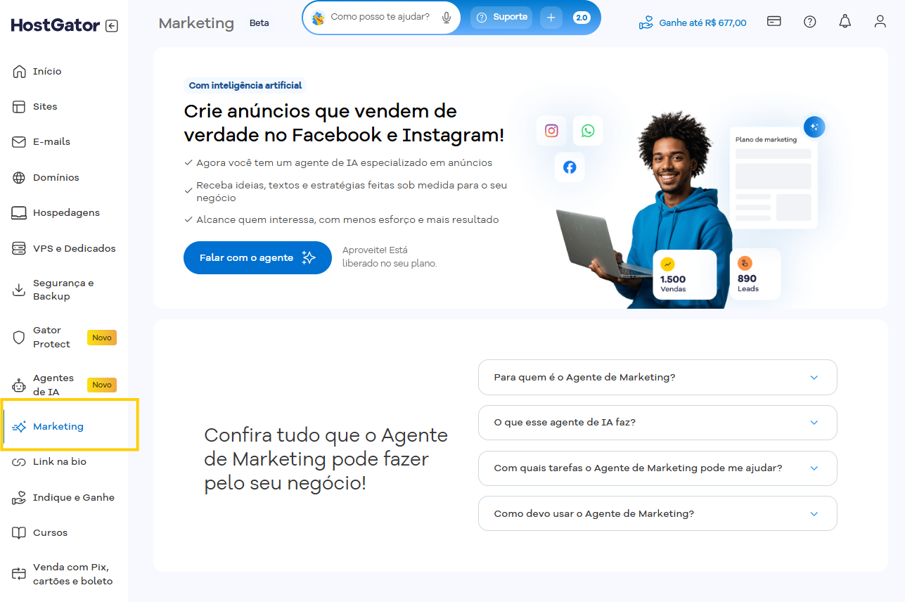 Imagem mostra a tela "Marketing" do Portal do Cliente