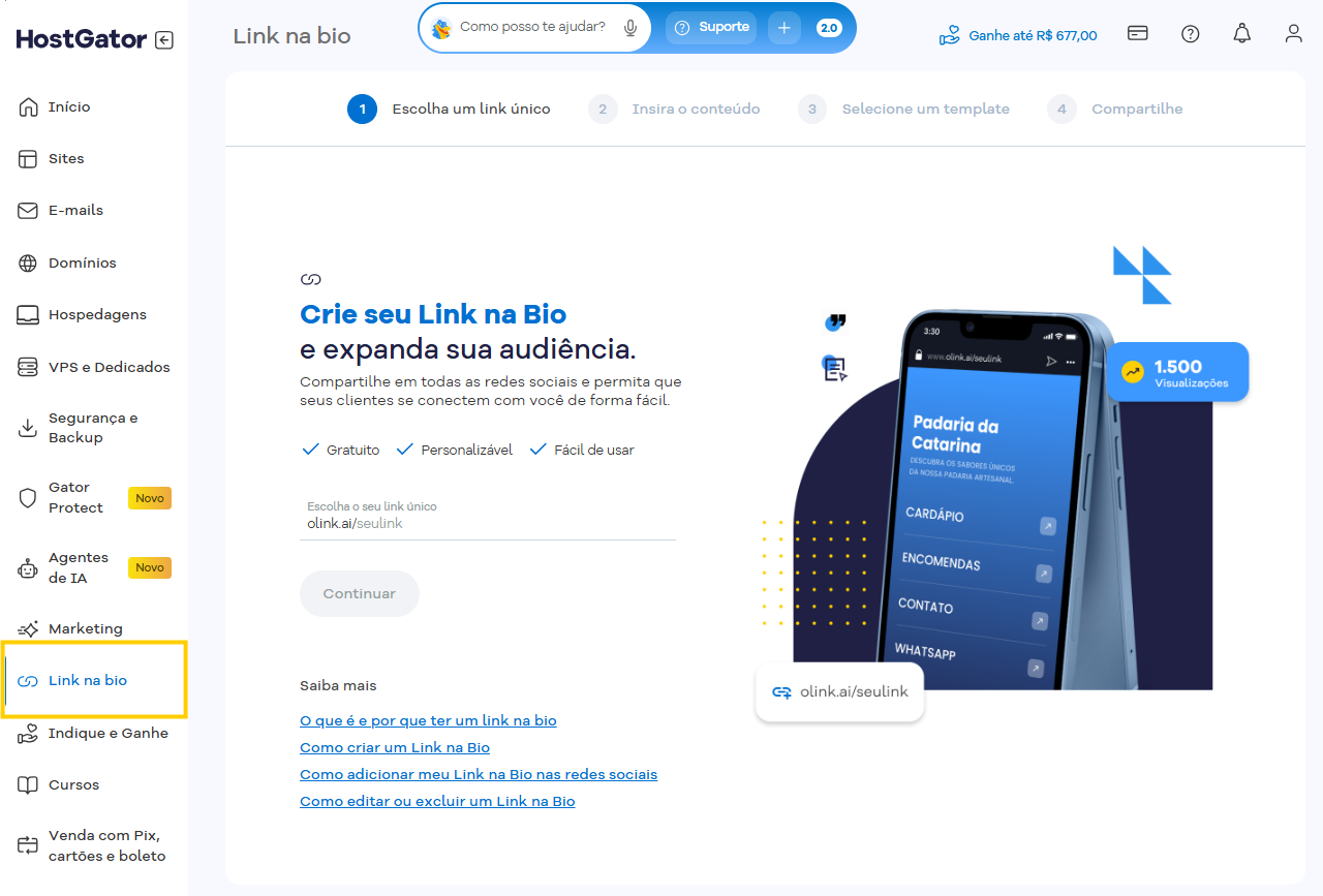 Imagem mostra a tela "Link na Bio" do Portal do Cliente