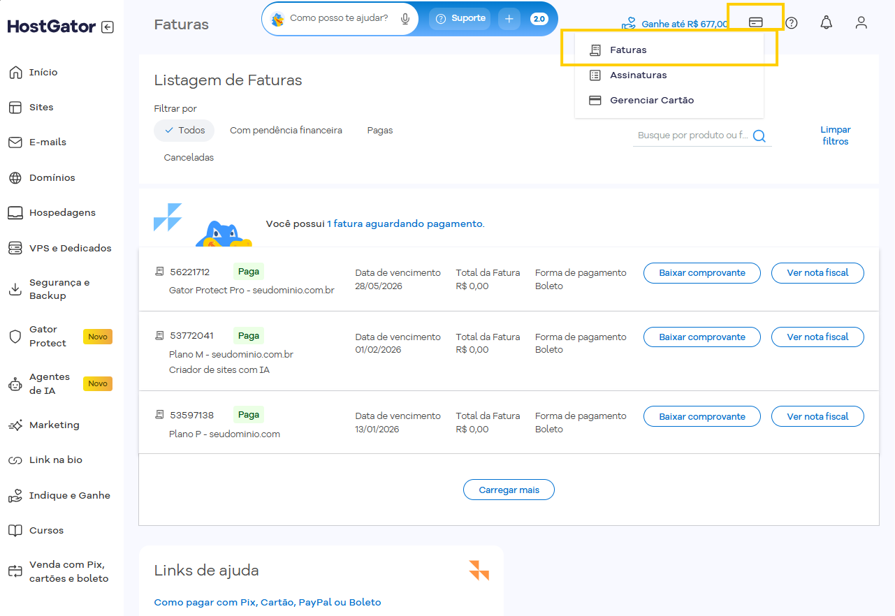 Imagem mostra a tela "Faturas" do Portal do Cliente