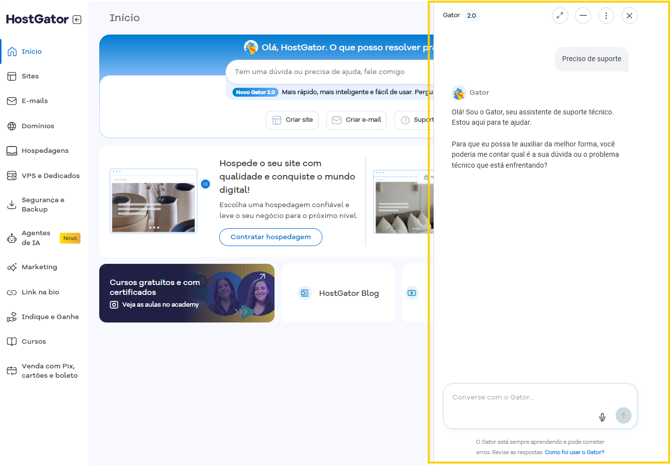 Imagem mostra a tela "Suporte" do Portal do Cliente