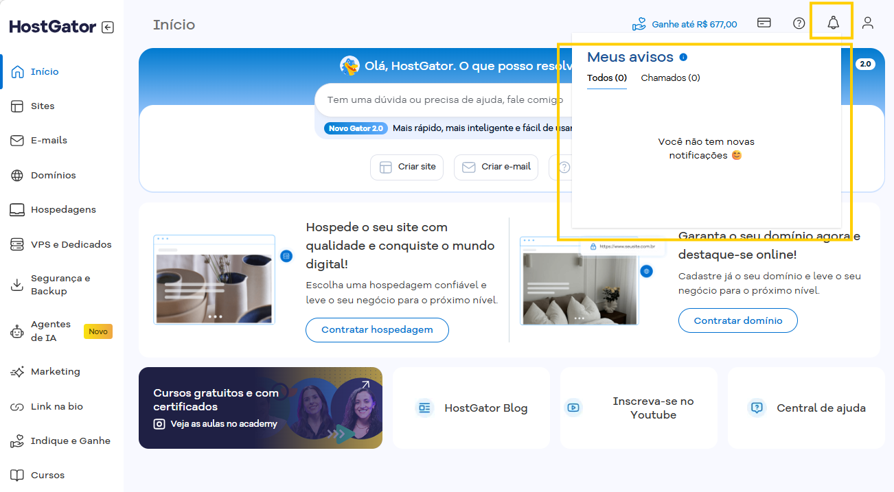 Imagem mostra a tela "Meus avisos" do Portal do Cliente