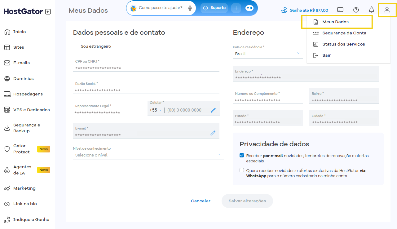 Imagem mostra a tela "Meus dados" do Portal do Cliente