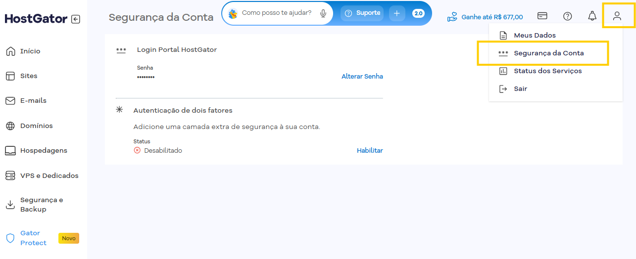 Imagem mostra a tela "Segurança da conta" do Portal do Cliente