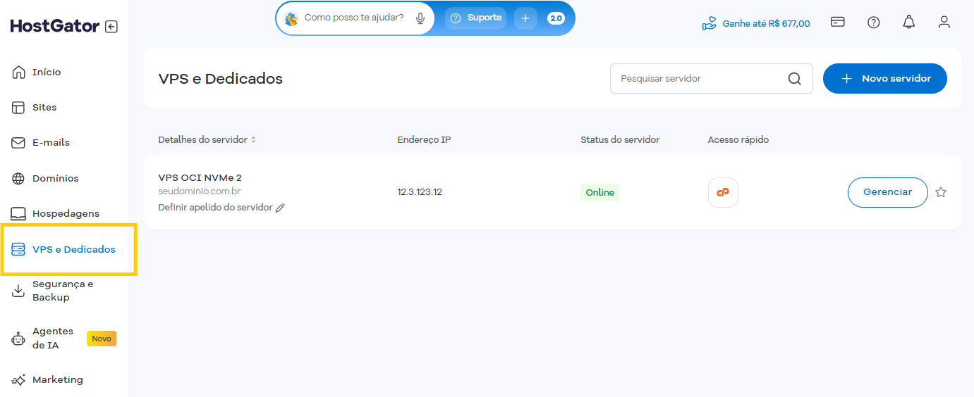Imagem mostra a tela "VPS e Dedicados" do Portal do Cliente