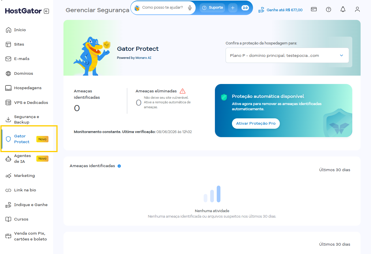 Imagem mostra a tela "Gator Protect" do Portal do Cliente