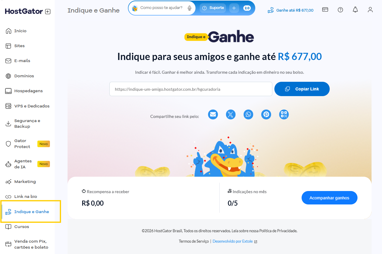 Imagem mostra a tela "Indique e Ganhe" do Portal do Cliente