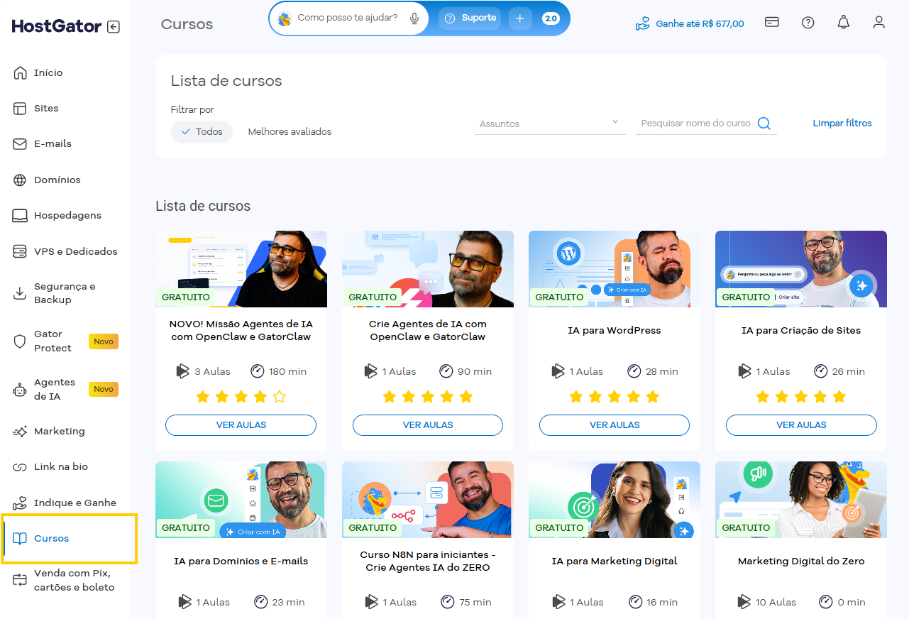 Imagem mostra a tela "Cursos" do Portal do Cliente