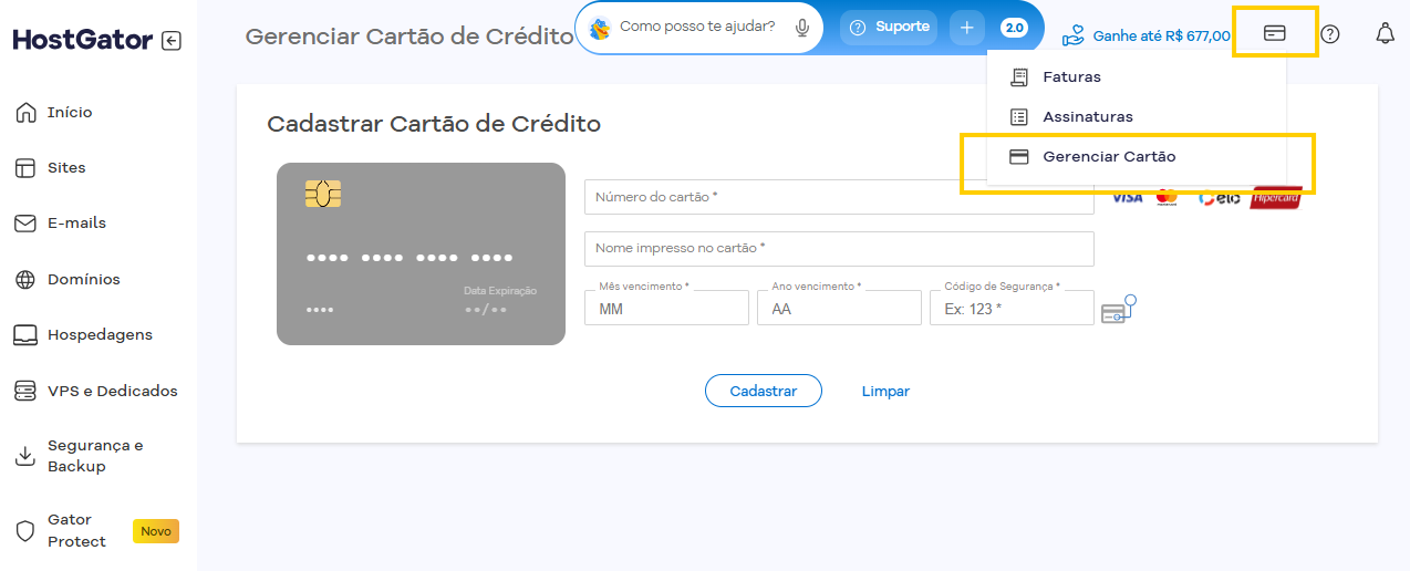 Imagem mostra a tela "Gerenciar Cartão" do Portal do Cliente