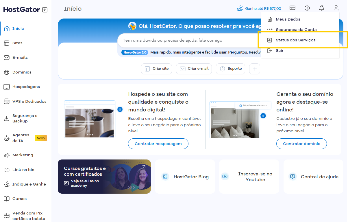 Imagem mostra a tela "Status dos serviços" do Portal do Cliente