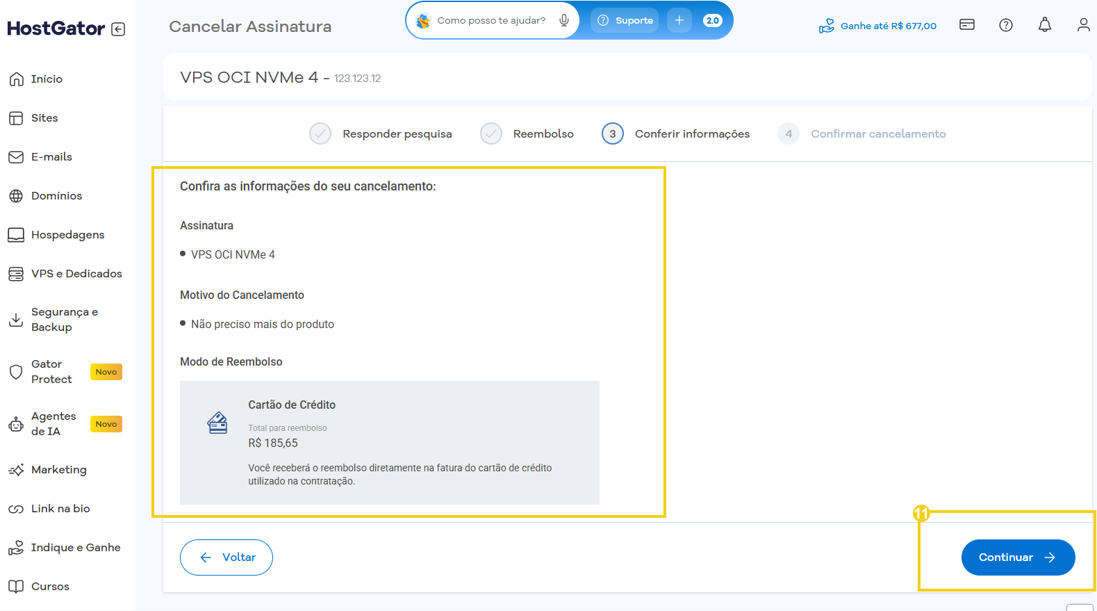 Tela de cancelamento de assinatura no HostGator, exibindo detalhes do plano P e informações de reembolso com créditos do HostGator.