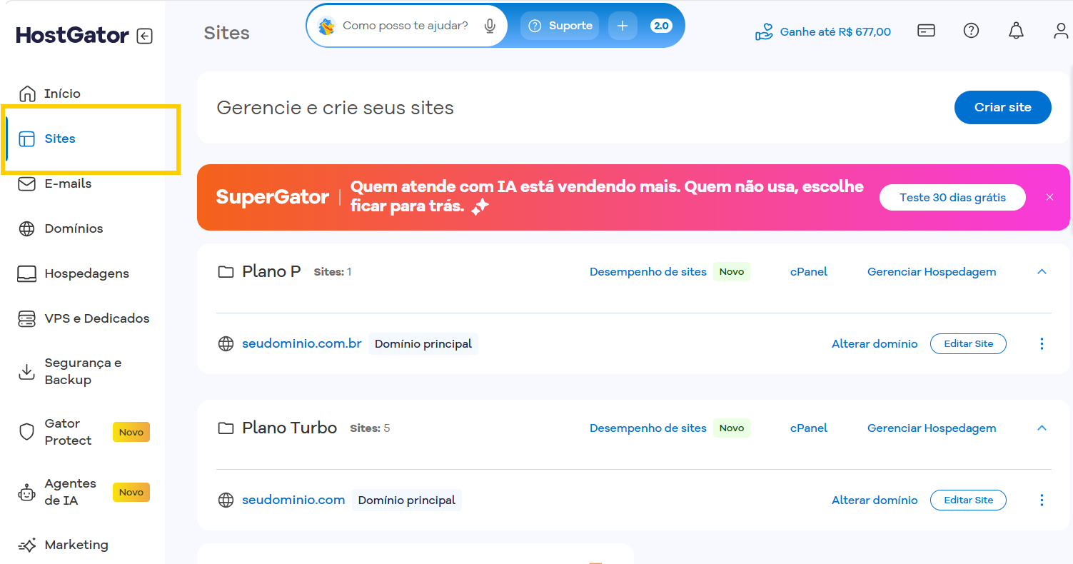 Imagem mostra a tela Sites do Portal do Cliente