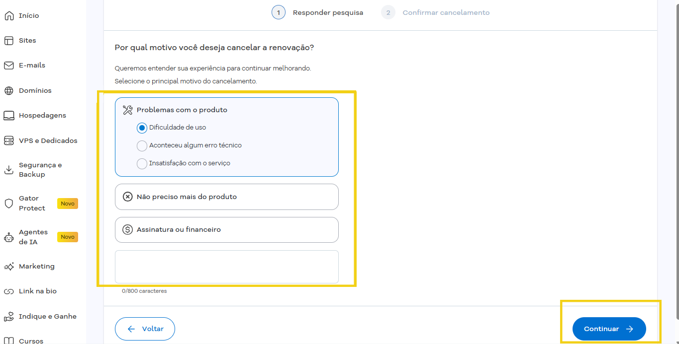 Imagem da tela para responder motivação de cancelamento e botão para prosseguir