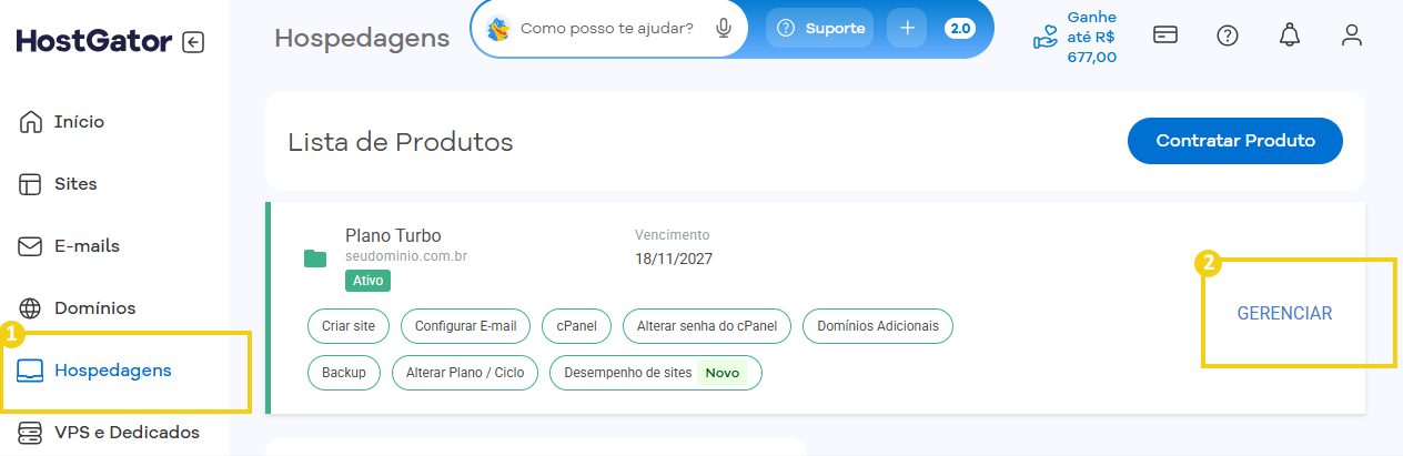 Imagem do gerenciamento de hospedagem do Portal do Cliente