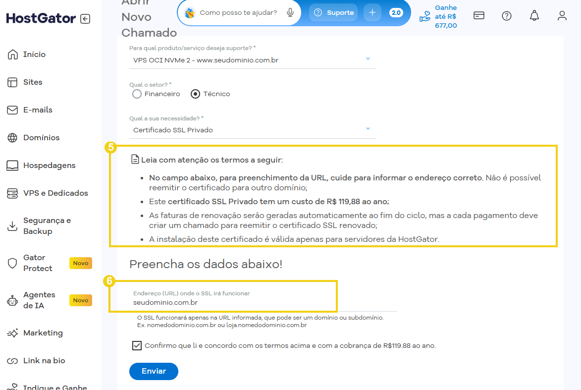 Imagem do formulário de solicitação do certificado SSL, destacando as informações relacionadas a termos