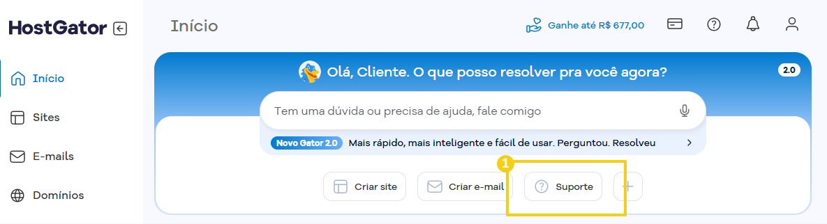 Imagem do Portal do Cliente com a marcação no botão suporte dentro da caixa do dialogo do gator IA