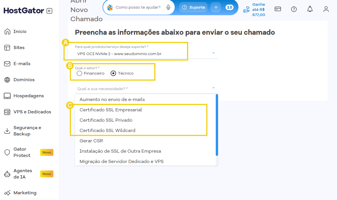 Imagem da tela de abertura de chamado da HostGator, destacando os campos para solicitação de certificado SSL