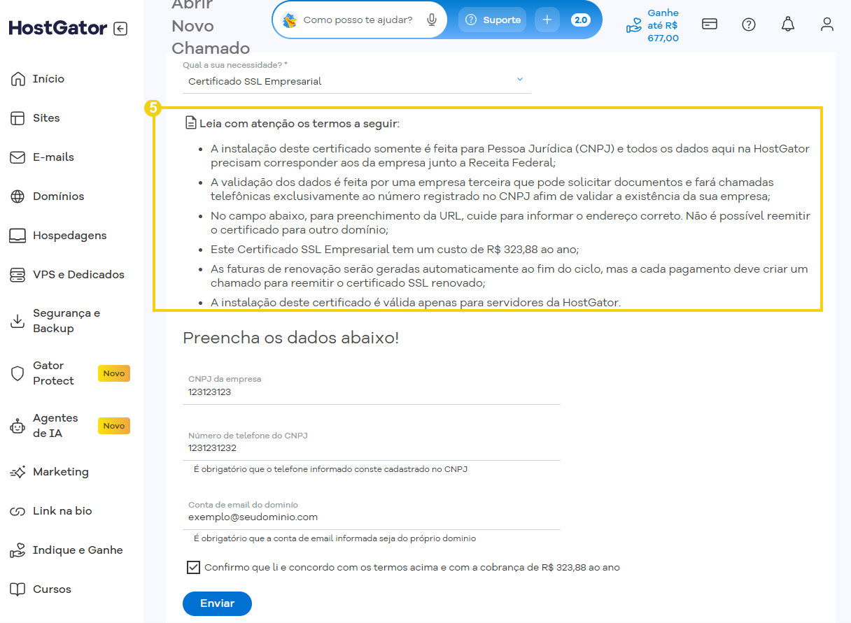 Imagem da informação de termos do certificado SSL no Portal do Cliente