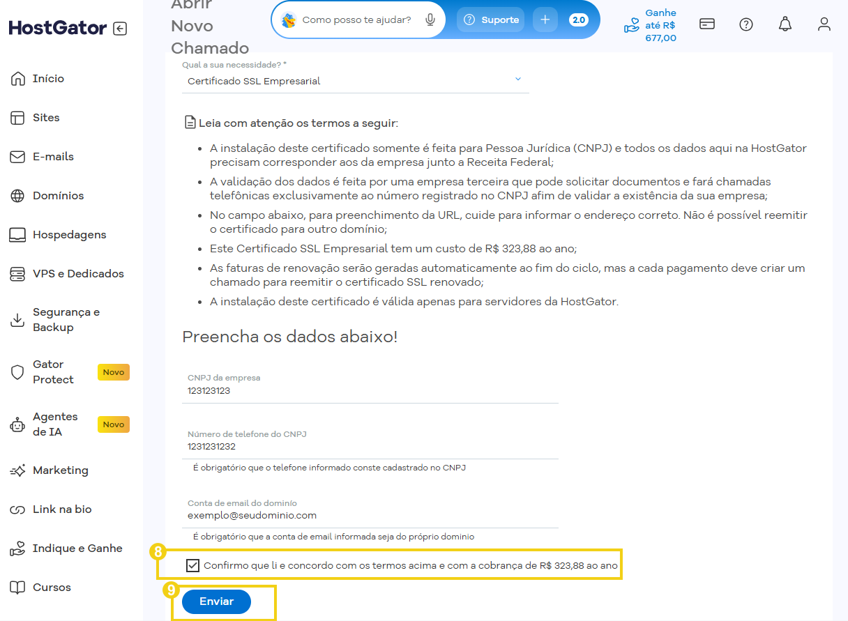 Imagem do formulário para preenchimento para solicitação do SSL