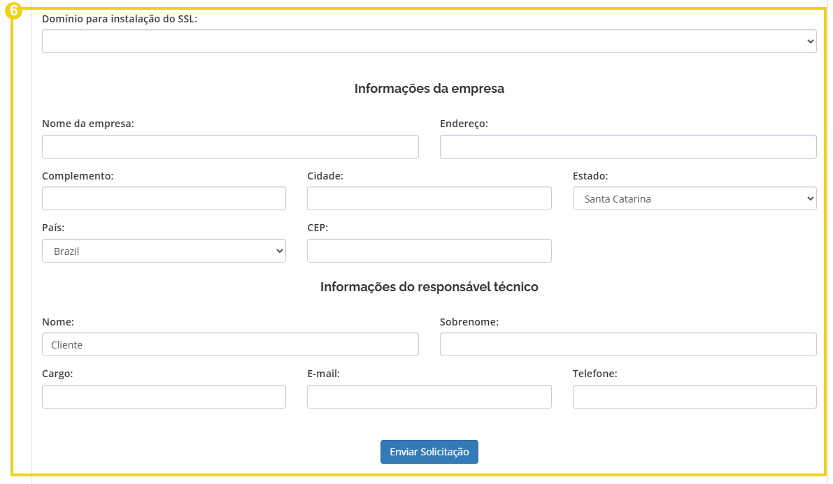 Imagem do formulário para solicitação do SSL