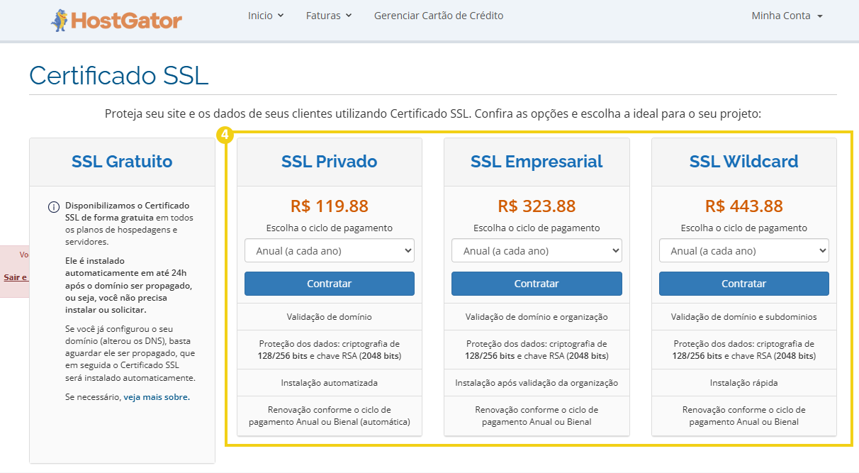 Informações sobre os certificados SSL disponíveis para contratação