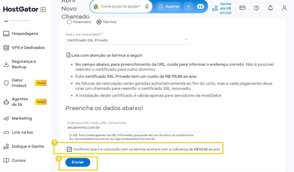 Imagem do formulário de solicitação do certificado SSL, destacando a opção para concordo com termos  e botão enviar